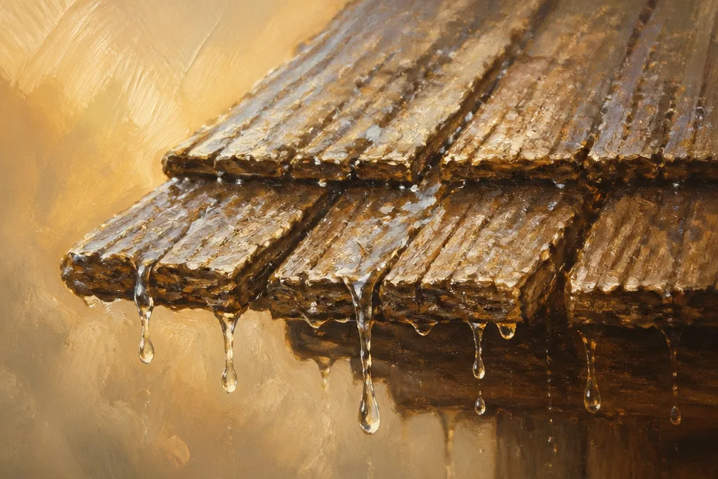 Rain tapping on wooden harbour roofs